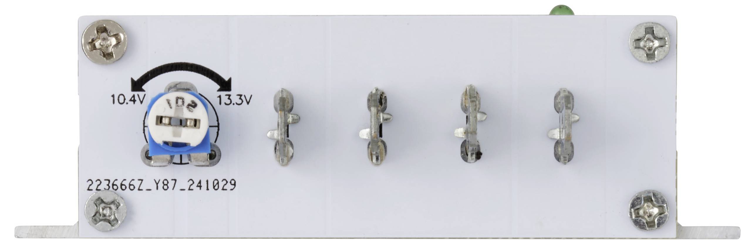 Composant électronique avec cinq connexions à vis et un composant réglable, marqué '10,4V' et '13,3V'.