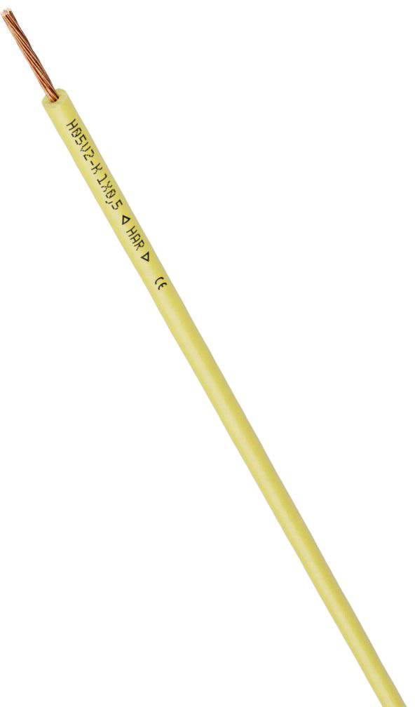 Câble électronique jaune avec fil de cuivre, marqué 'H05V-K 1x1,5 -5 AMP'.