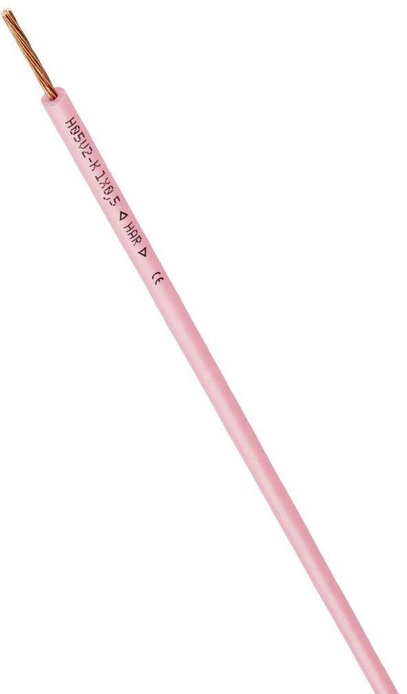 Un câble électrique rose avec un fil de cuivre dénudé à l'extrémité. L'étiquette indique 'H05V2-K 1x1,5' avec 90°C et 450/750 V.