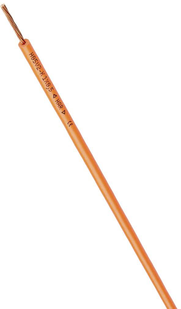 Un câble électrique unique de couleur orange avec des fils de cuivre à une extrémité, l'étiquette de spécification technique étant visible.