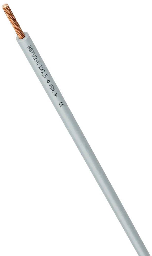 Fil électrique en cuivre gris, partiellement dénudé, sur fond blanc. Texte sur l'isolation : « H07V-K 1X1.5 450/750 V 100 m ».