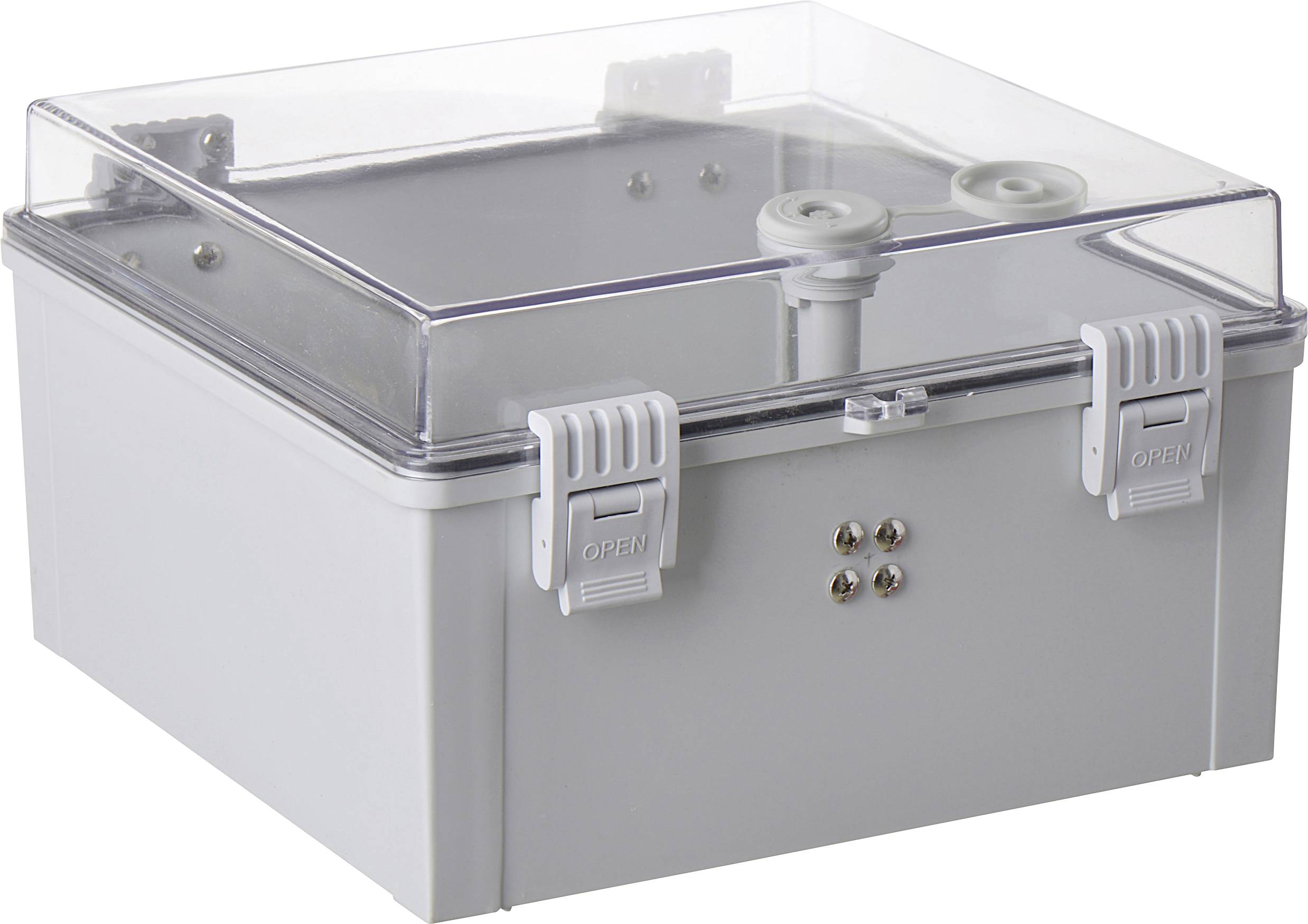 Boîtier rectangulaire gris en plastique avec couvercle transparent et deux fermetures à l'avant, adapté pour la protection des composants électroniques.