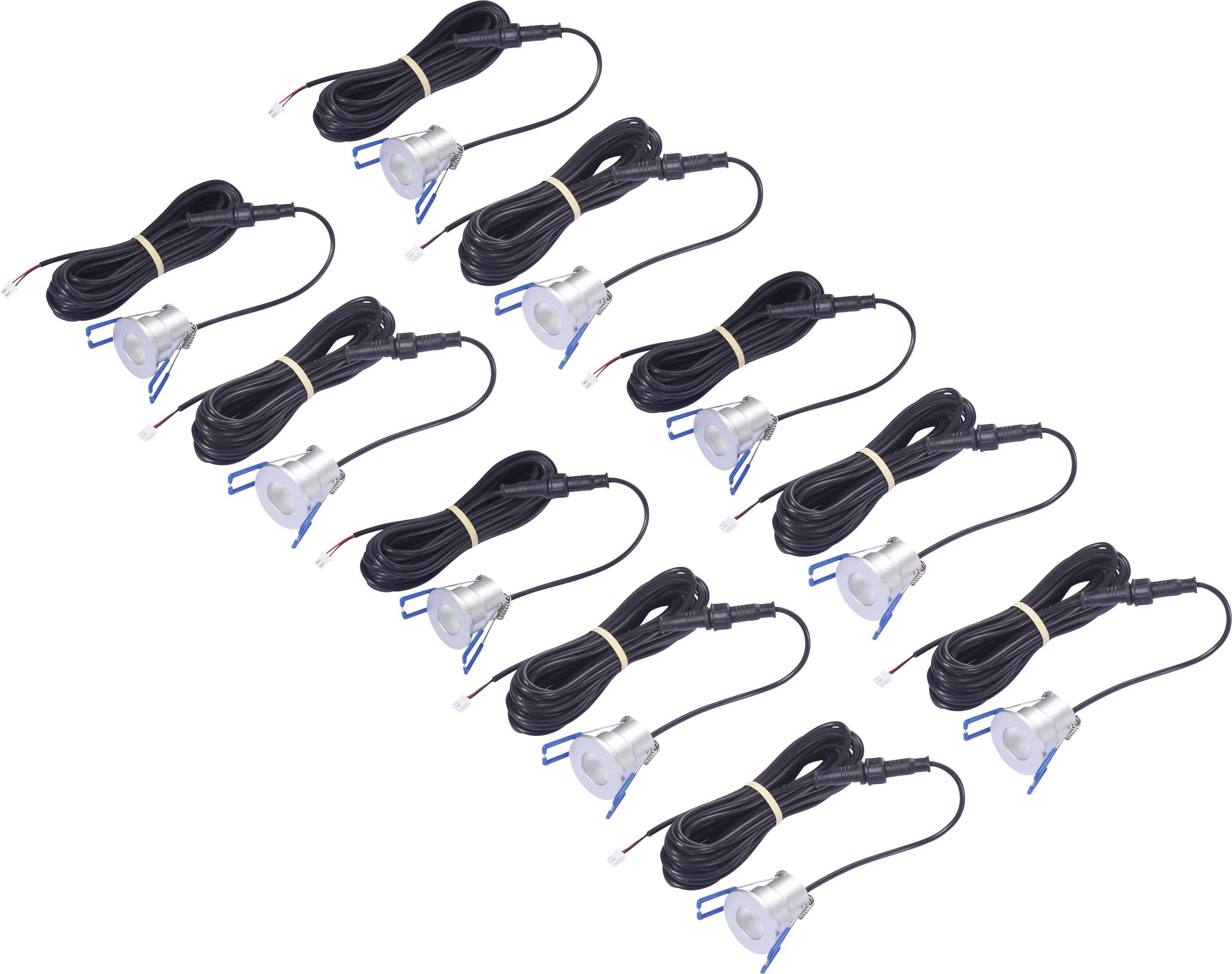 « Dix capteurs noirs filaires, chacun équipé d'un connecteur et de câblage bleu, disposés en deux rangées sur un fond blanc. »