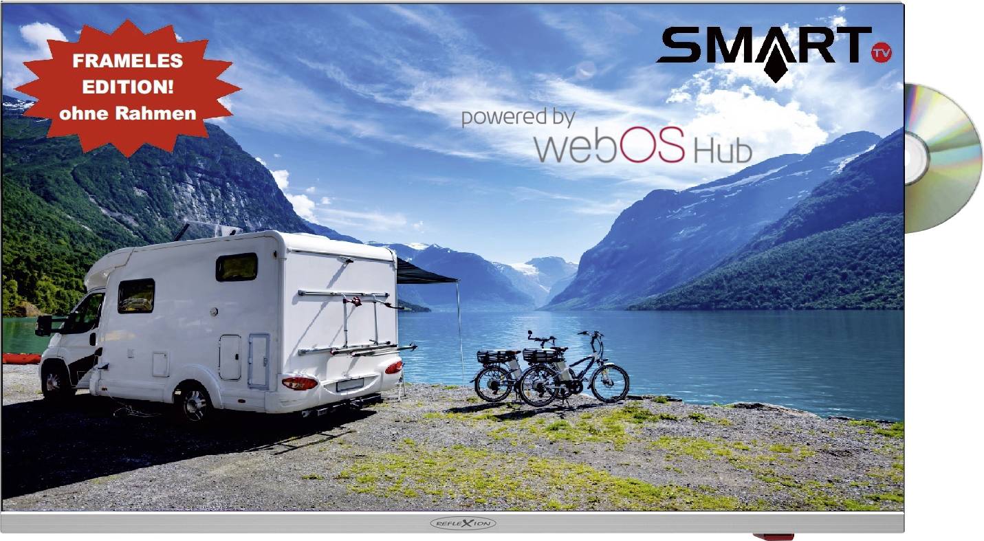 Télévision SMART TV alimentée par webOS Hub, avec une image d'un camping-car et de vélos au bord d'un lac, devant des montagnes. En haut à gauche, il est écrit 'ÉDITION SANS CADRE !'