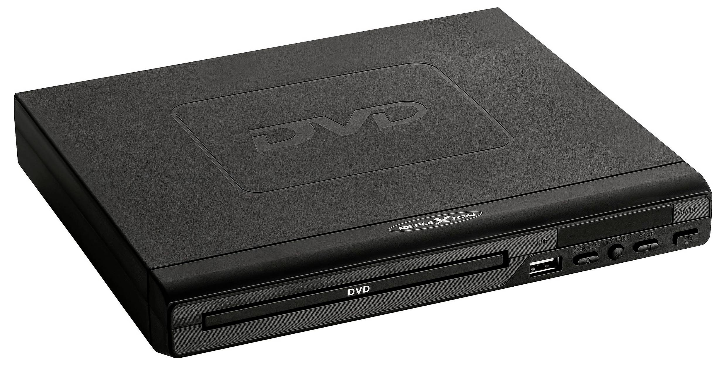 Lecteur DVD externe noir avec fente de disque et port USB frontal, présenté sur un fond blanc.