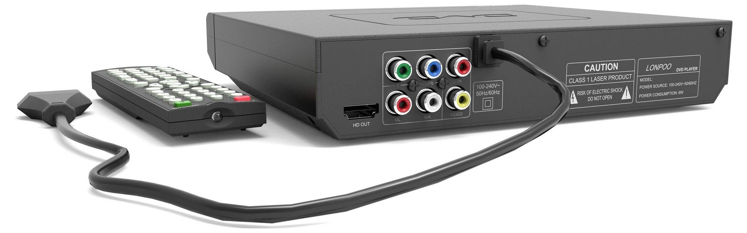 Unité AV électronique noire avec six ports RCA codés par couleur à l'arrière, connectée par un câble à une petite télécommande avec des boutons.