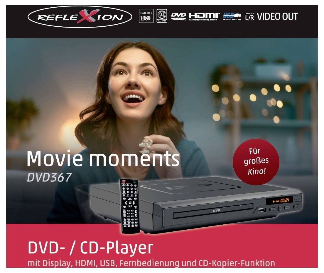 Image produit d'un lecteur DVD/CD Reflexion DVD367 avec télécommande ; le texte mentionne « Movie moments », HDMI, USB et fonction de copie CD, avec un badge publicitaire « Pour le grand cinéma ! »