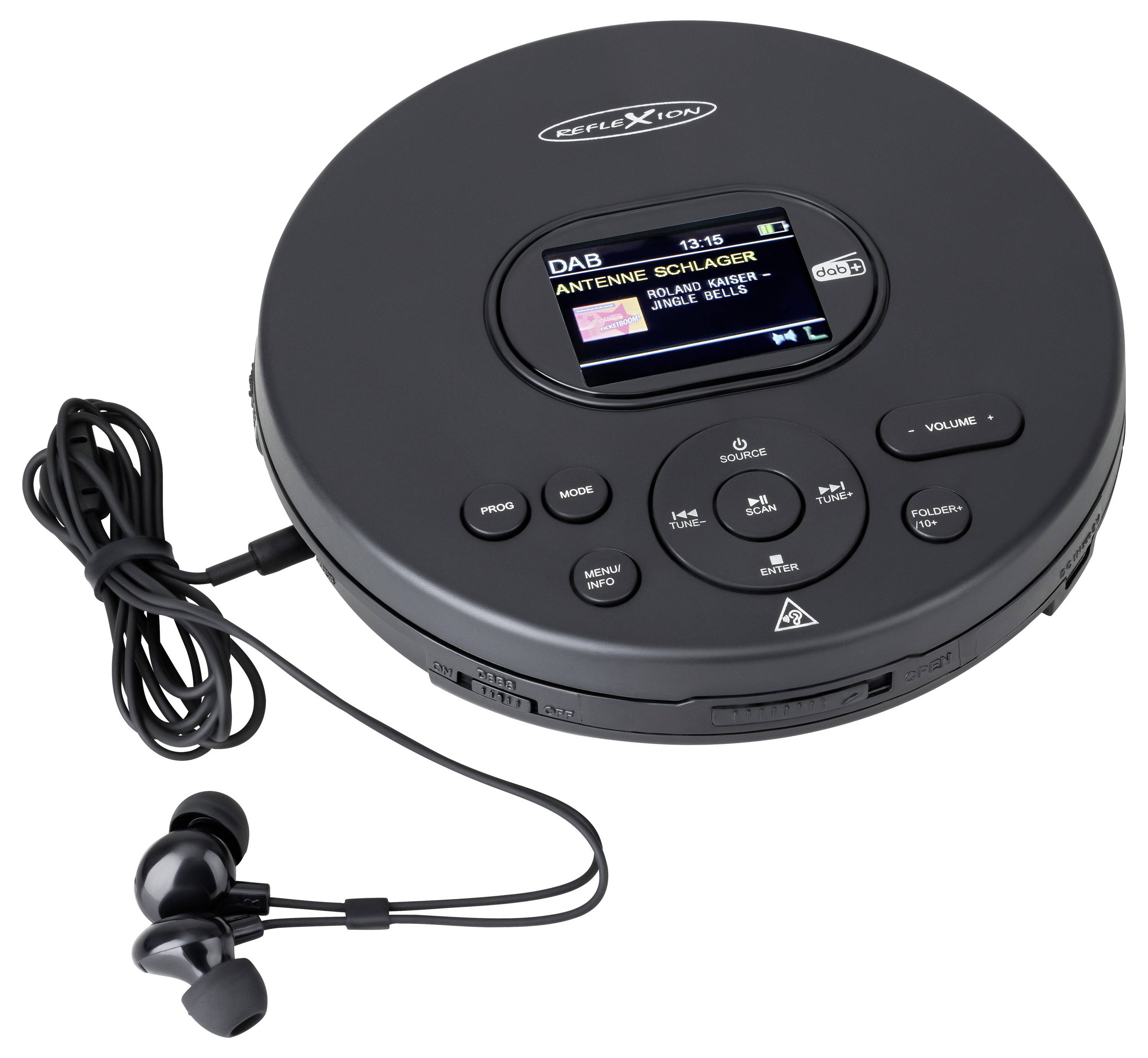 Lecteur CD portable rond noir avec écran LCD, boutons et écouteurs filaires attachés sur fond blanc.
