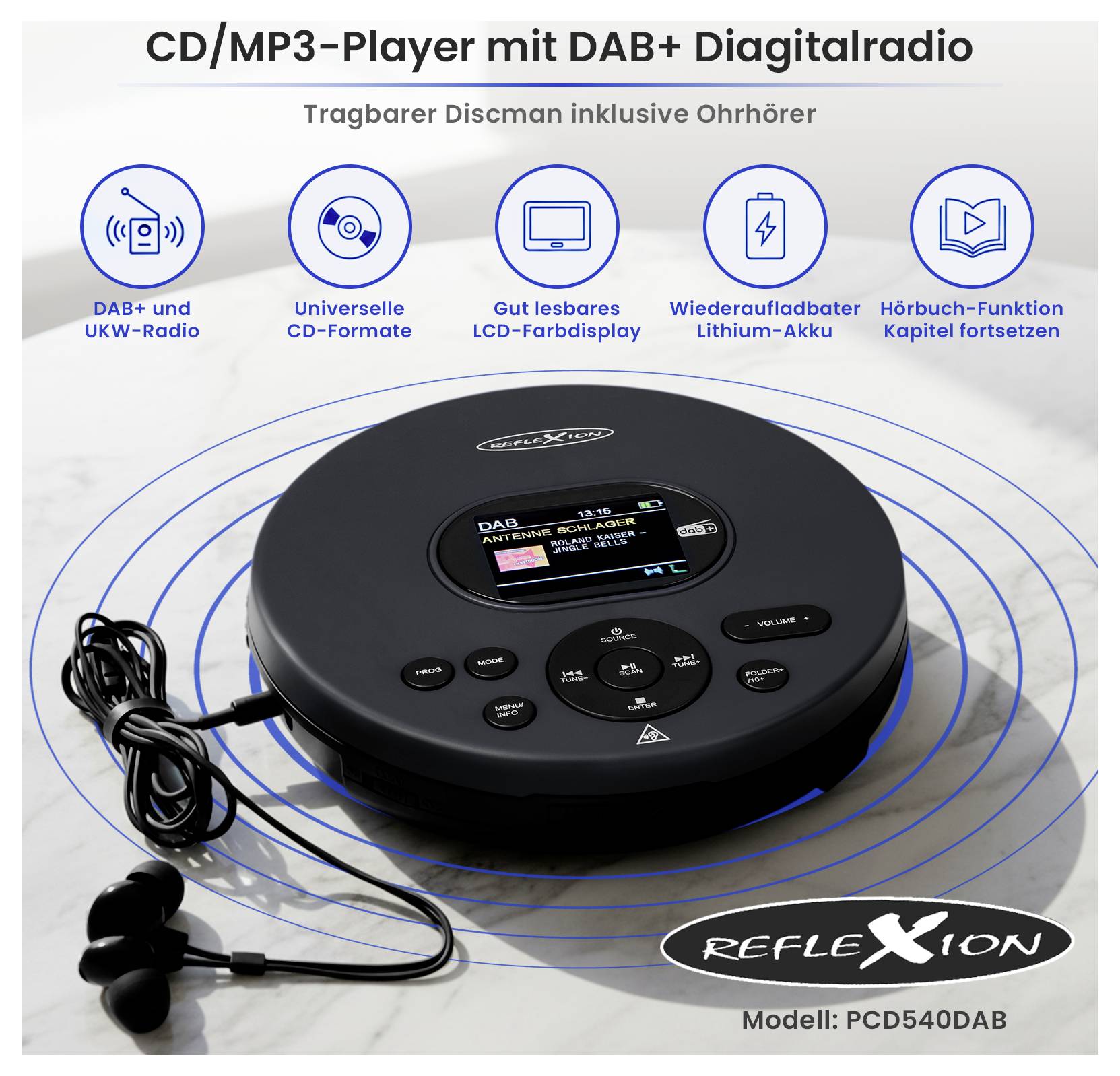 Lecteur CD/MP3 portable rond avec radio numérique DAB+, écran et écouteurs ; proposé avec batterie lithium-ion rechargeable et fonction audiobook.