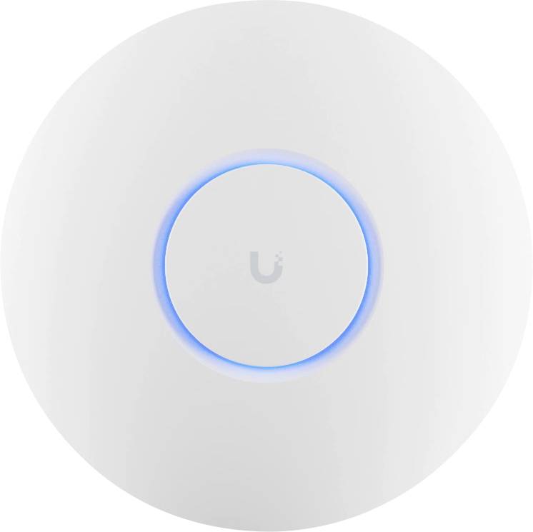 Un point d'accès sans fil rond blanc avec un anneau LED bleu, arborant un petit logo 'U' au centre.