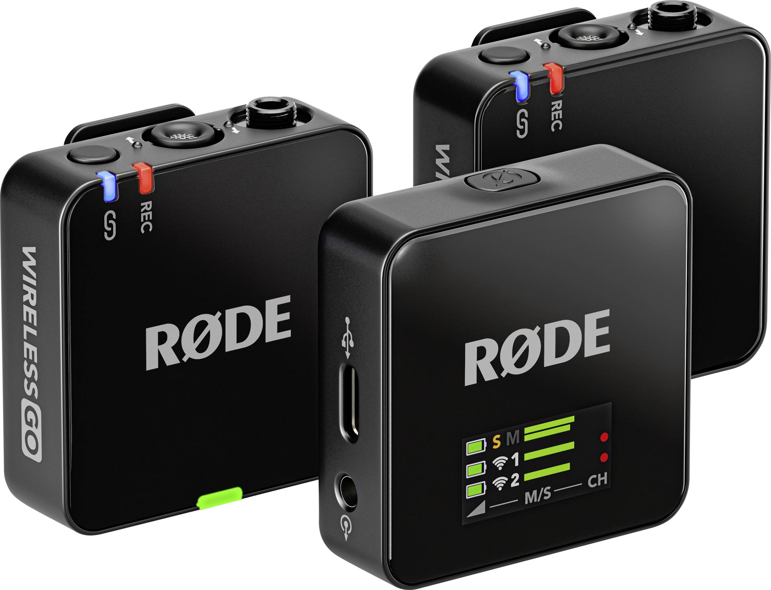 Trois microphones sans fil RØDE GO en noir avec des commandes et des indicateurs LED qui permettent une communication audio sans fil.