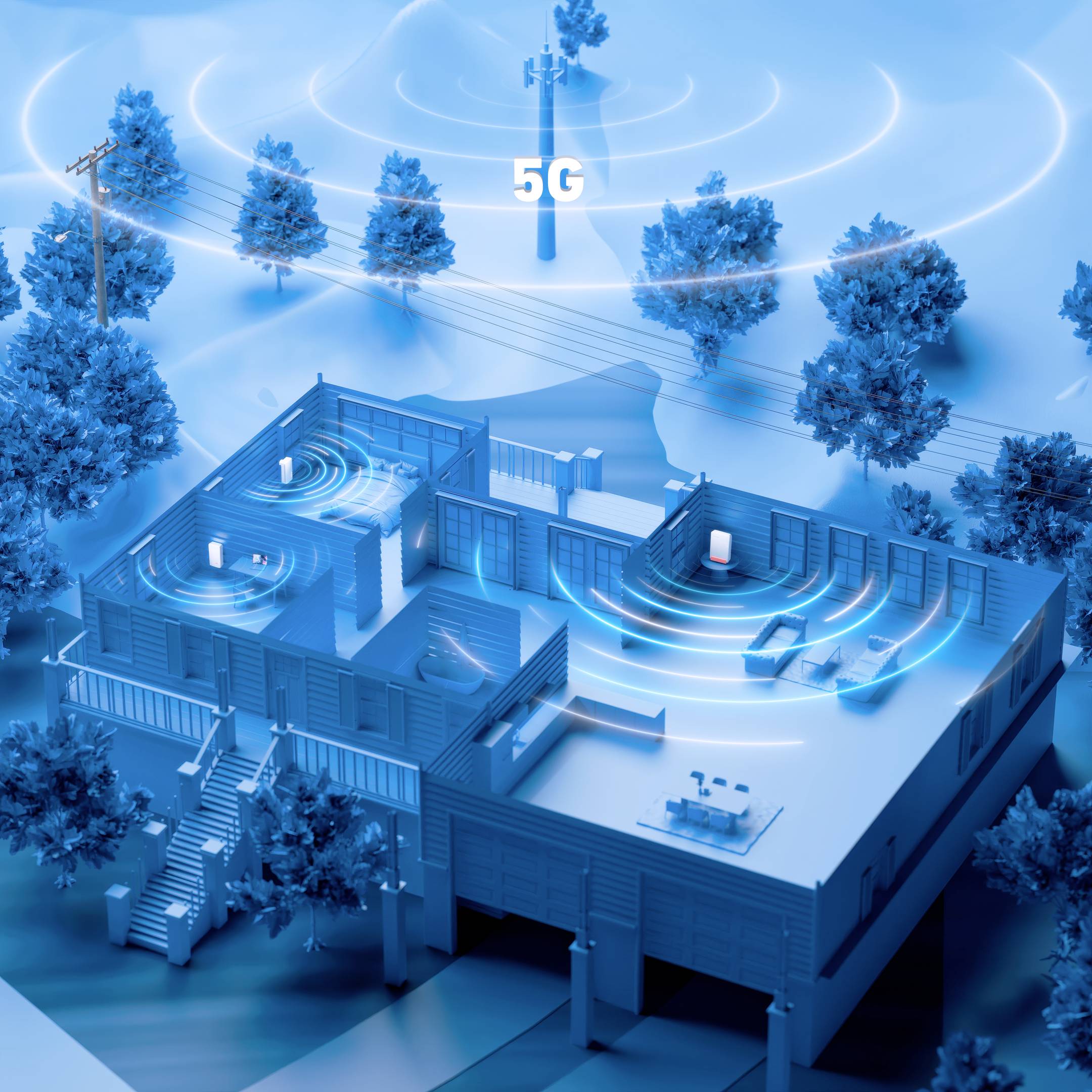 Au centre de l'image, une maison avec distribution du signal 5G. Une teinte bleue symbolise la couverture réseau sans fil. Des arbres et des lignes électriques sont visibles en arrière-plan.