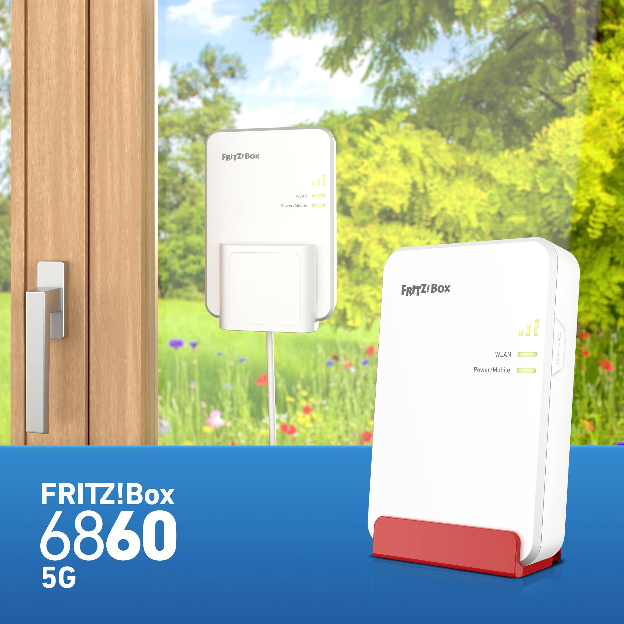 Routeur FRITZ!Box 5G Wi-Fi devant une fenêtre, avec vue sur un jardin verdoyant. Texte 'FRITZ!Box 6860 5G'.