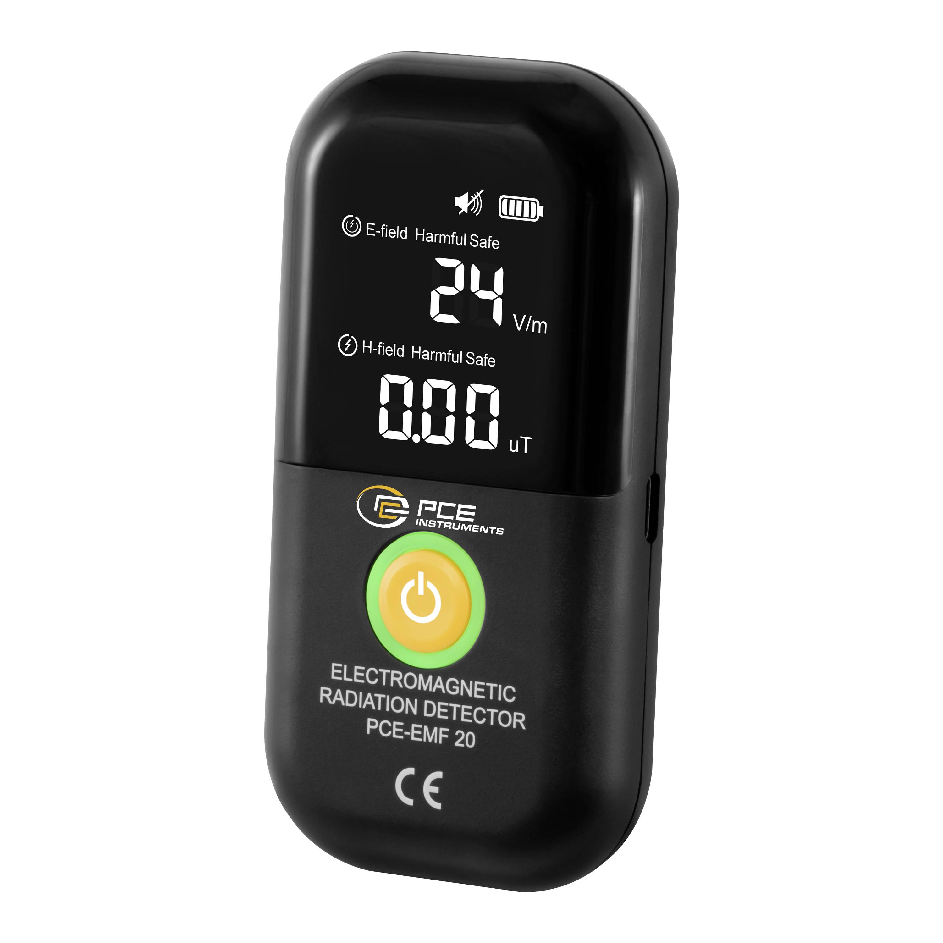 Détecteur portable de rayonnement électromagnétique affichant 24 V/m de champ électrique et 0,00 µT de champ magnétique, avec bouton d'alimentation et icônes de statut.