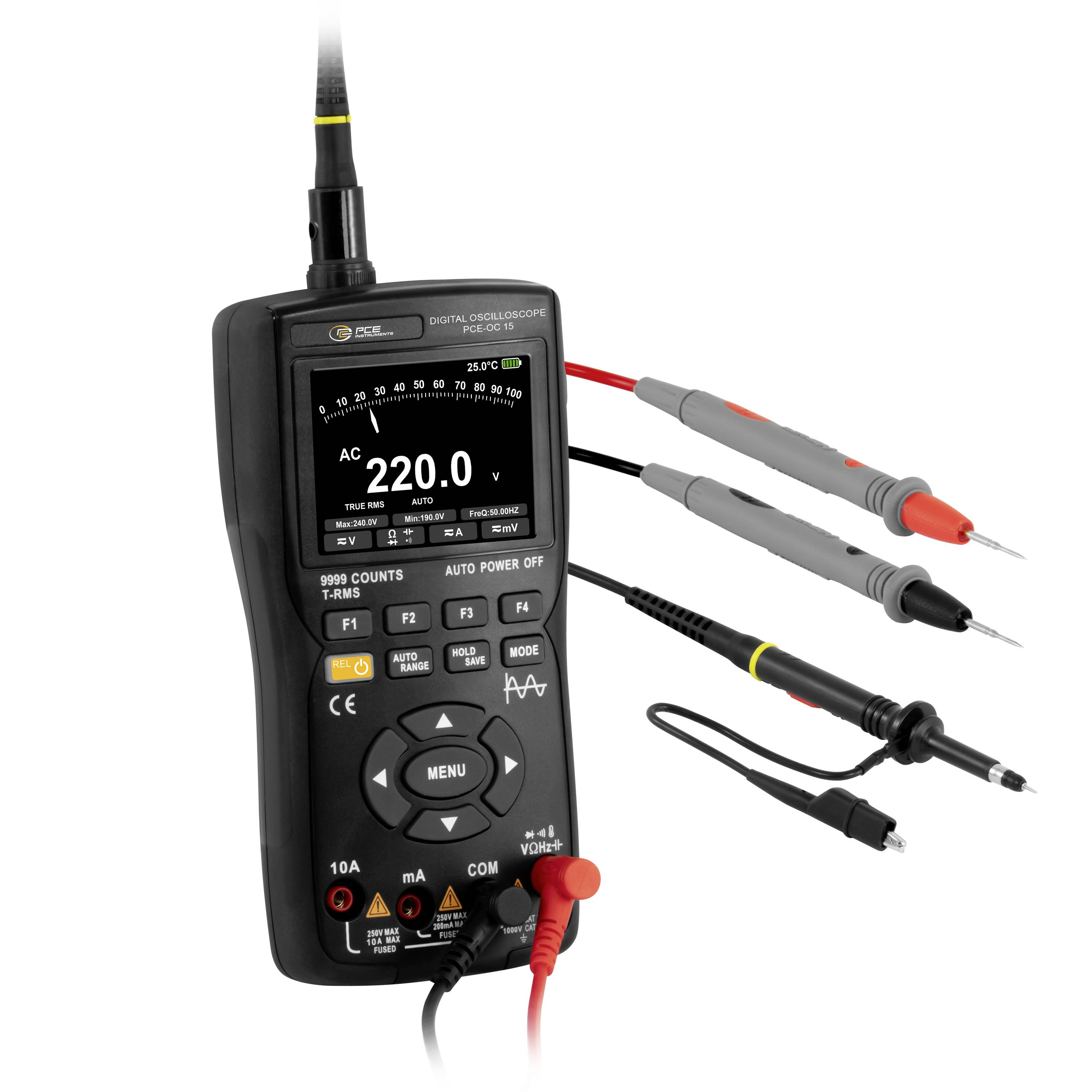 Oscilloscope numérique portable multifonction affichant 220,0 V CA, avec sondes de test connectées et fils de connexion.