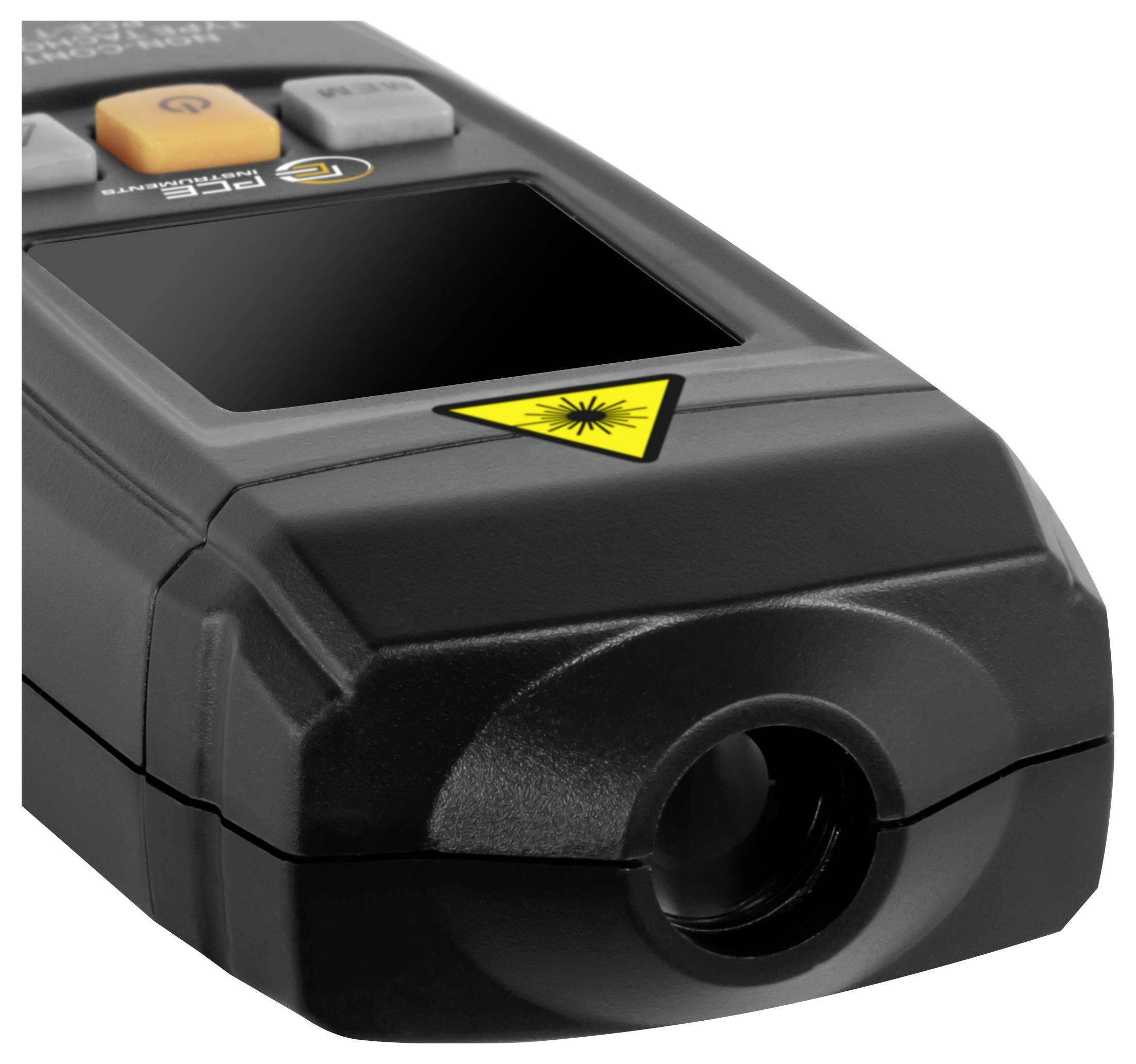 Appareil de mesure au laser portatif noir avec symbole d'avertissement de laser jaune et boutons de commande sur le dessus.