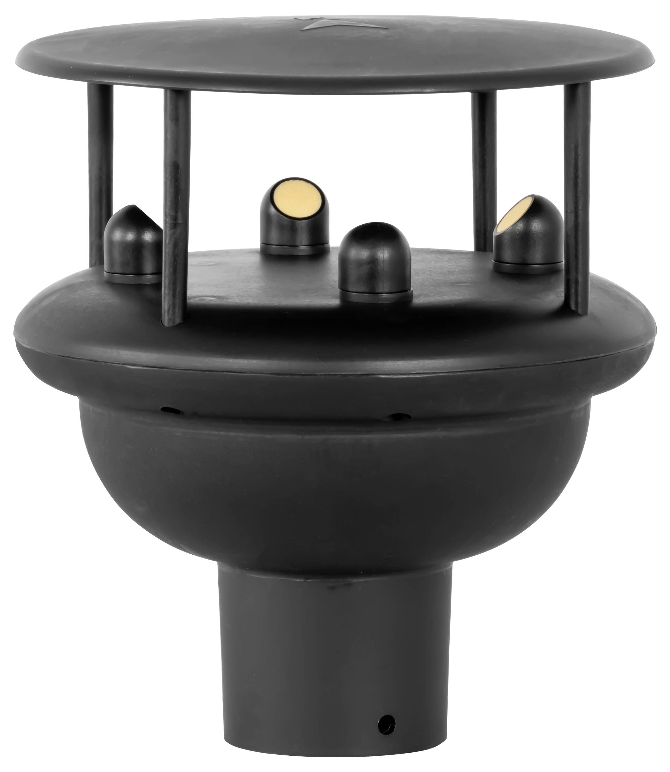 Lampadaire extérieur cylindrique noir avec un dais plat et quatre petites ampoules surmontées d'un dôme à l'intérieur.