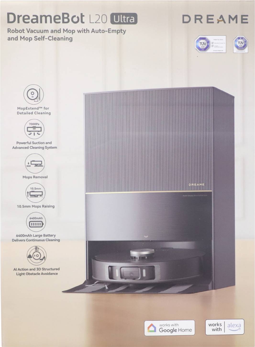 dreame L20 Robot aspirateur et nettoyeur noir commande par application, à commande vocale, compatible avec Alexa d'Amazon