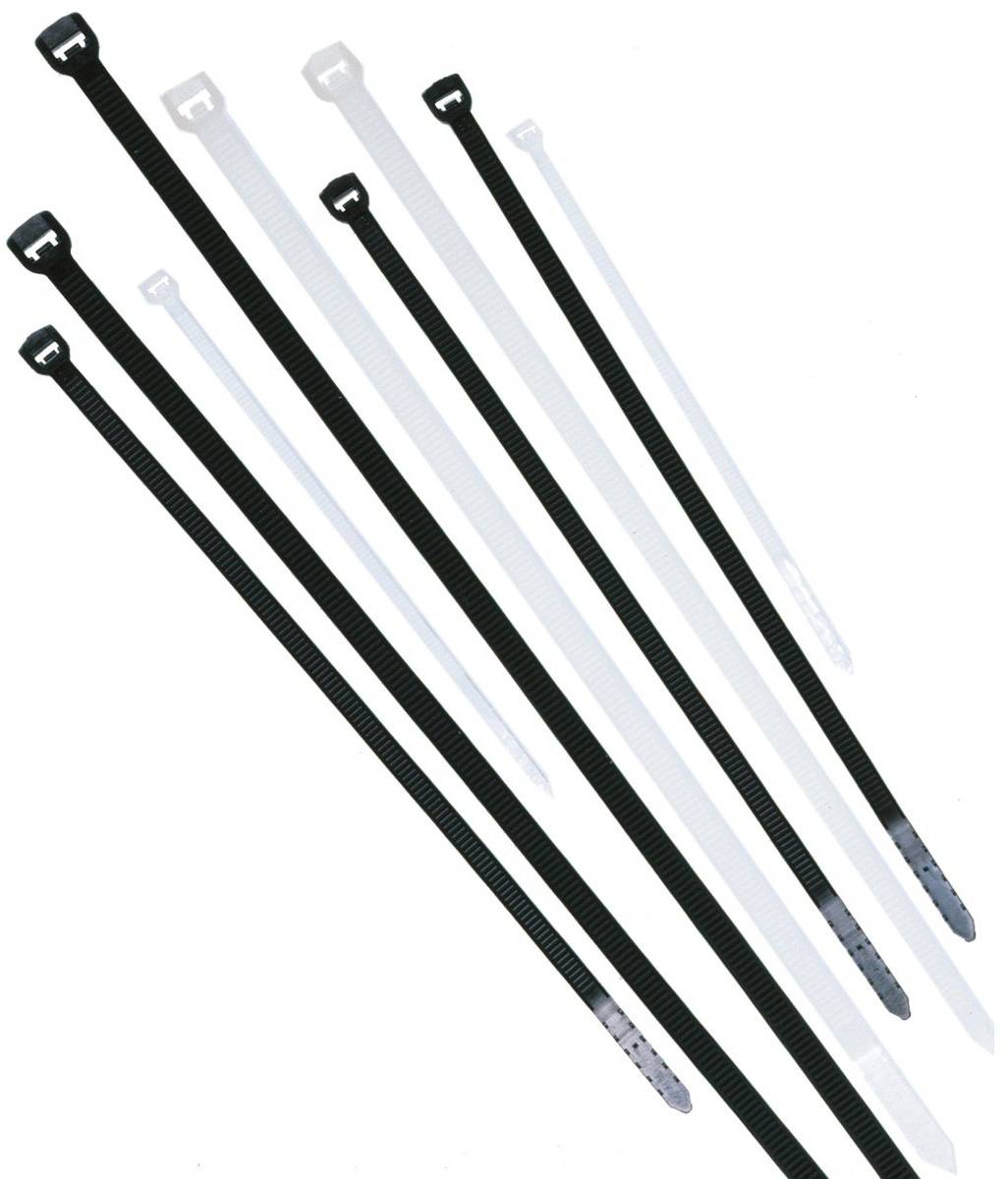 Plusieurs colliers de serrage noirs et blancs de différentes longueurs, disposés en parallèle.