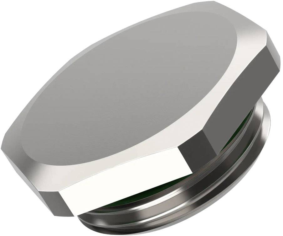 Bouchon métallique octogonal argenté fileté, utilisé comme obturateur pour tuyaux ou récipients dans des applications industrielles.
