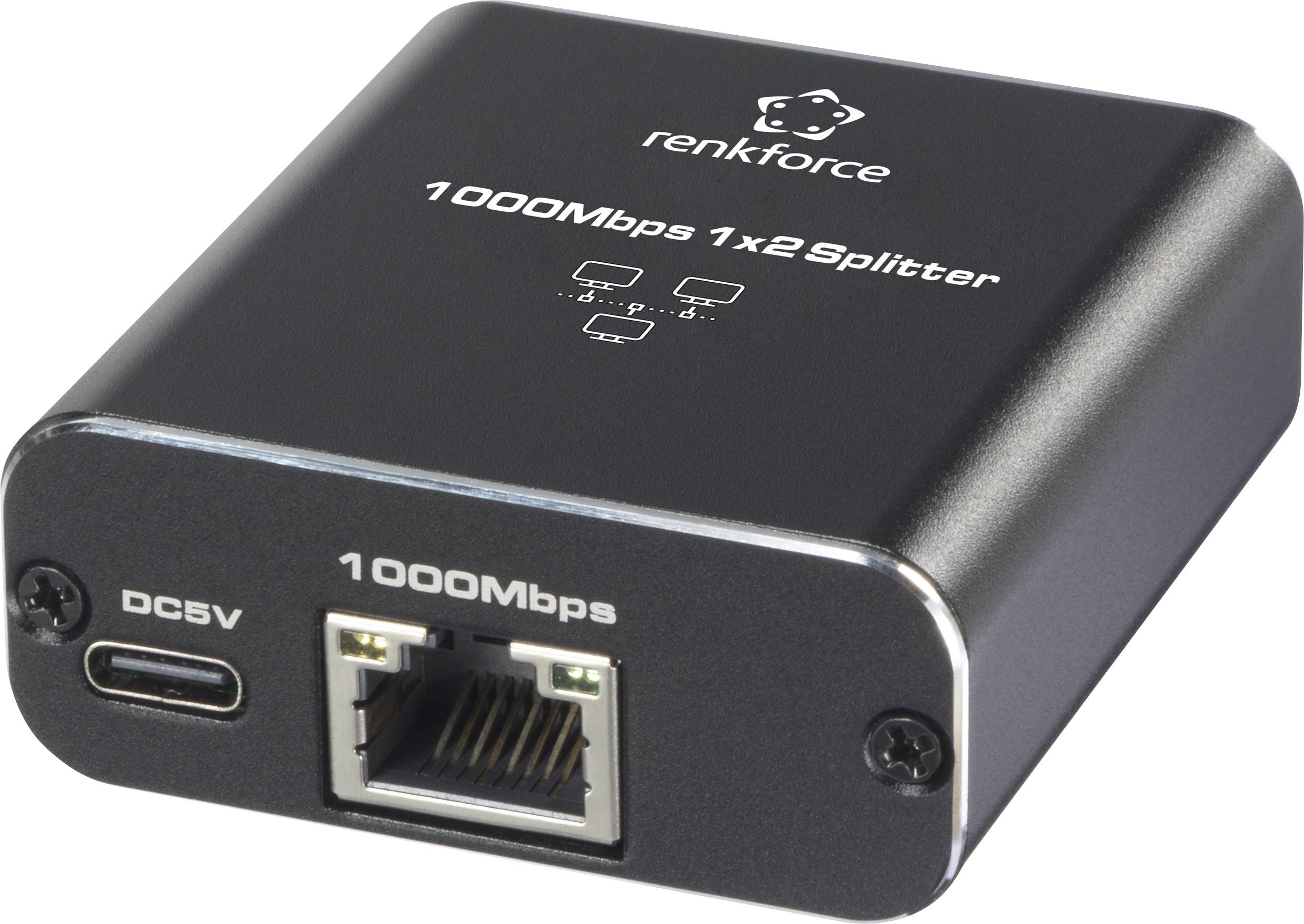 Un répartiteur réseau noir de la marque Renkforce portant l'inscription '1000Mbps 1x2 Splitter', avec des connexions Ethernet et d'alimentation visibles.