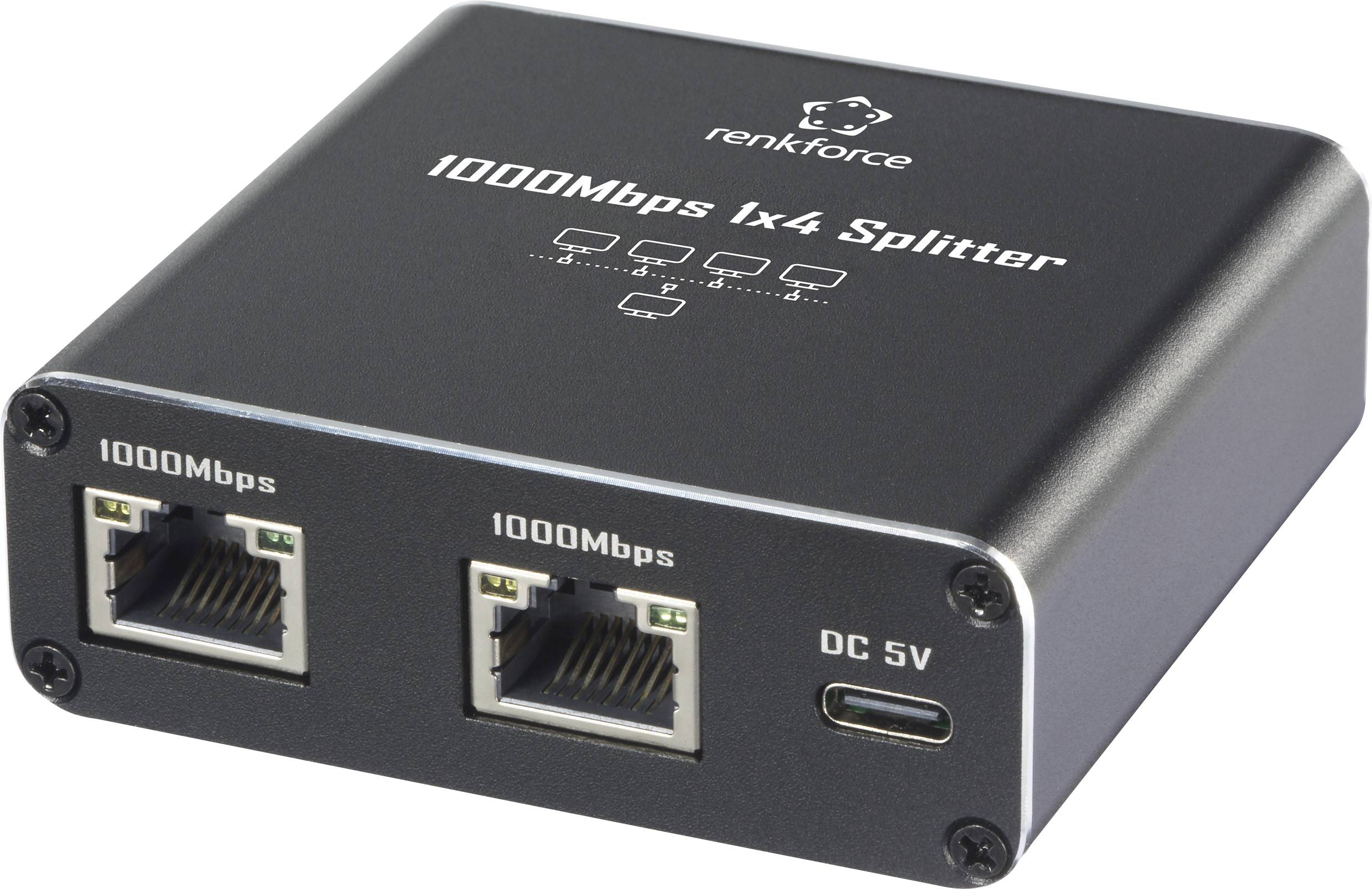 Le répartiteur Renkforce 1000Mbps 1x4 présente deux ports Ethernet 1000Mbps et une connexion DC 5V sur sa façade avant.