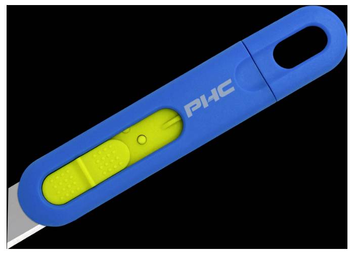 Une poignée bleue avec un curseur jaune pour une lame, portant le logo 'PHC'. Le curseur a une prise structurée.
