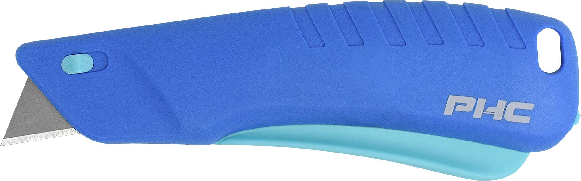 Couteau de sécurité bleu avec logo PHC gris sur le côté et lame rétractable à la pointe.