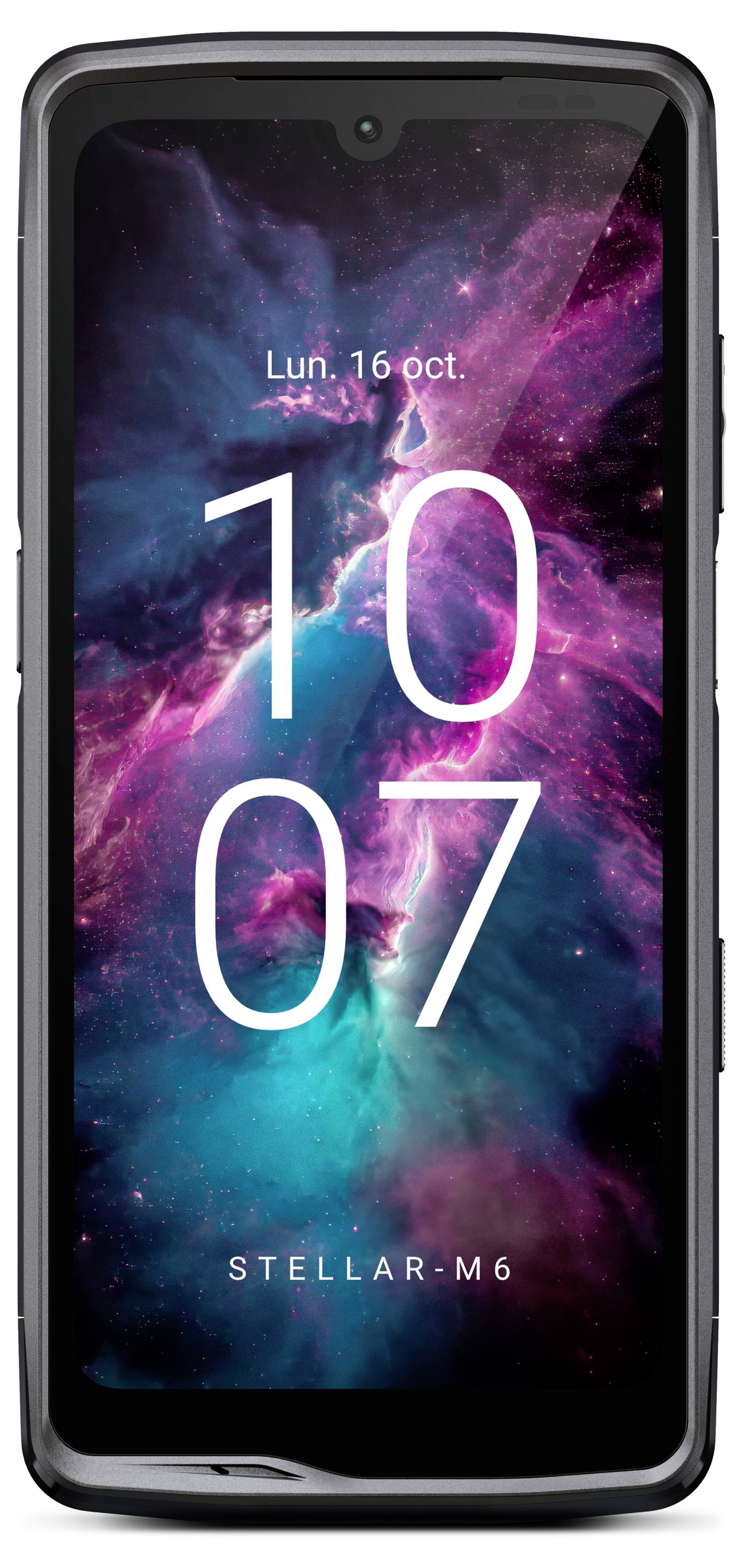 Smartphone avec un affichage de la date 'Lun, 16 oct.' et de l'heure '10:07' sur un fond coloré et galactique.