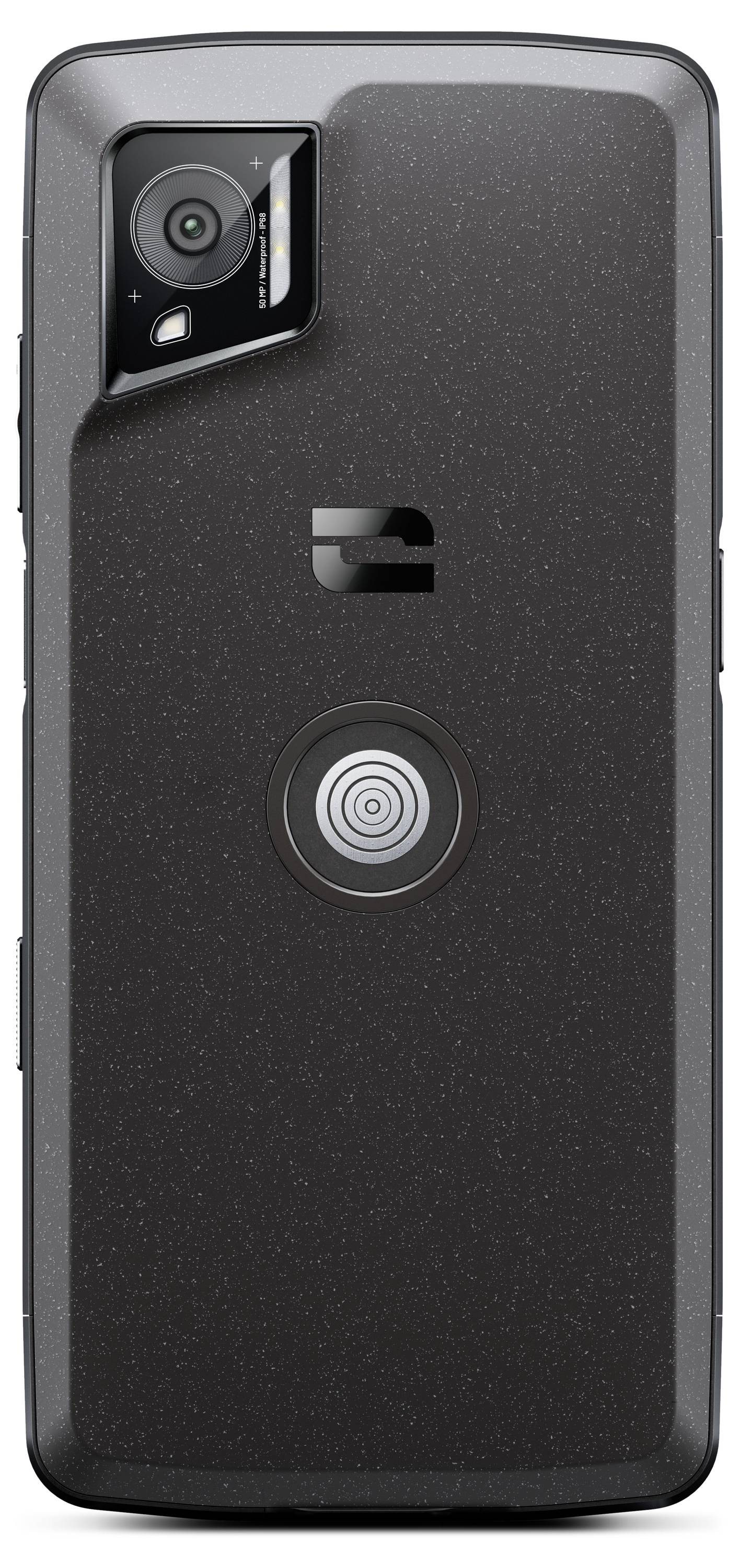 Dos de smartphone avec caméra en haut à gauche et capteur rond au centre. Boîtier sombre à texture structurée.