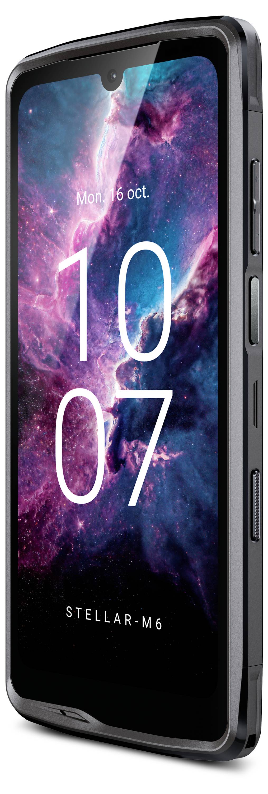 Smartphone en vue inclinée affichant l'heure '10:07' et la date 'Lun, 16 oct.' sur l'écran, avec un arrière-plan spatial.