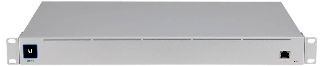 Un routeur réseau argenté de style rack avec une connexion Ethernet et un logo lumineux sur le côté gauche.