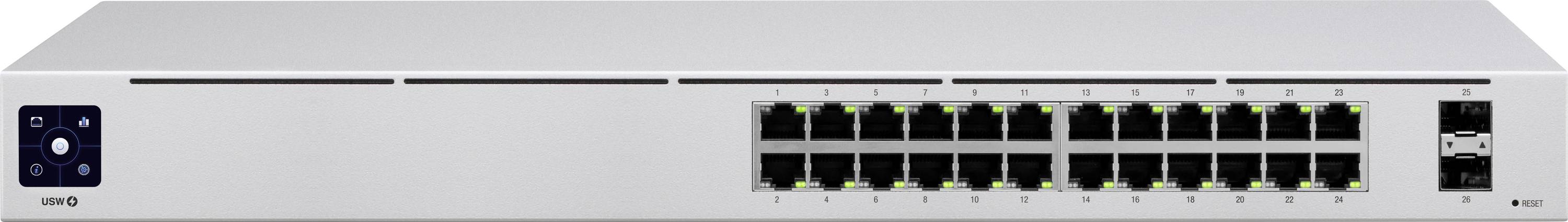 Un commutateur réseau avec 24 ports Ethernet et un port supplémentaire sur la droite, adapté pour connecter plusieurs appareils.