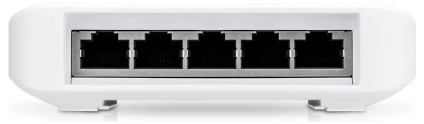 Un commutateur réseau blanc avec cinq ports Ethernet, tous alignés côte à côte.