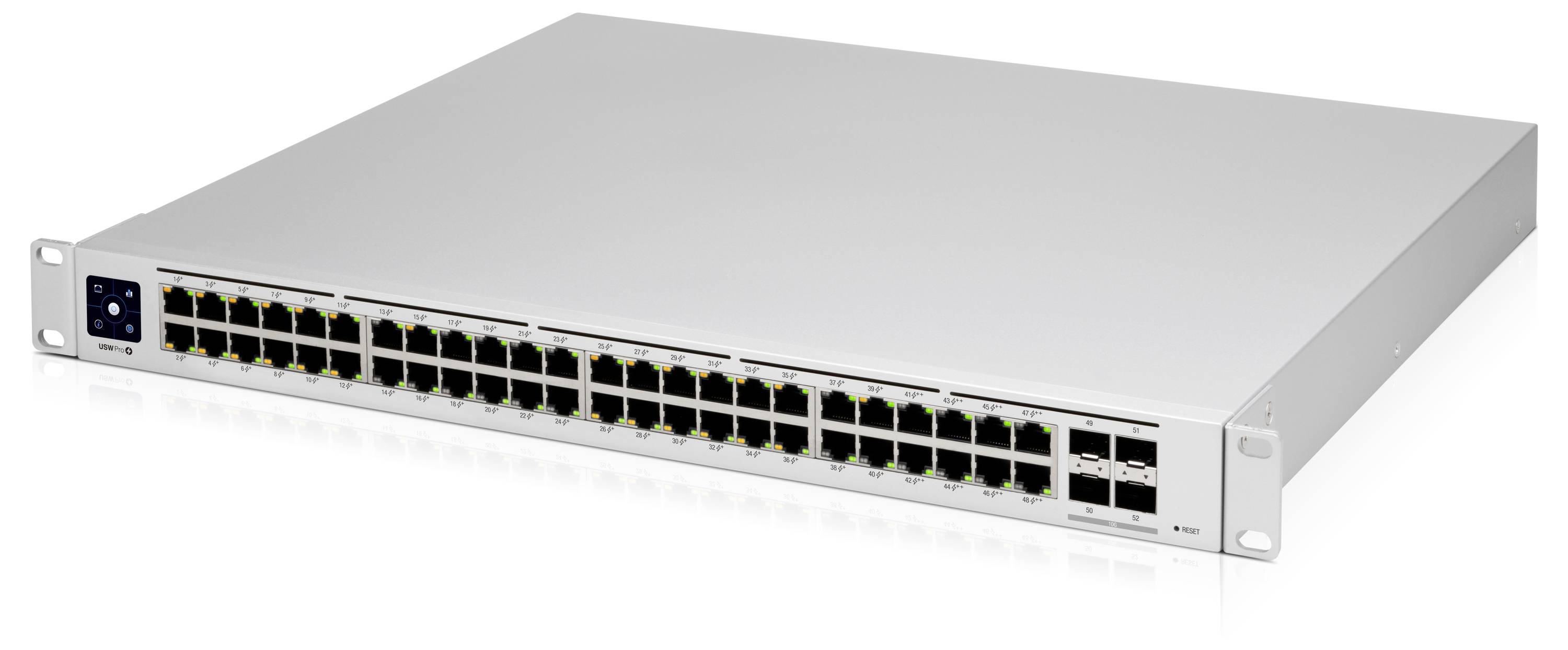 L'image montre un commutateur réseau avec 48 ports Ethernet et plusieurs emplacements SFP sur la façade, adaptable en rack.
