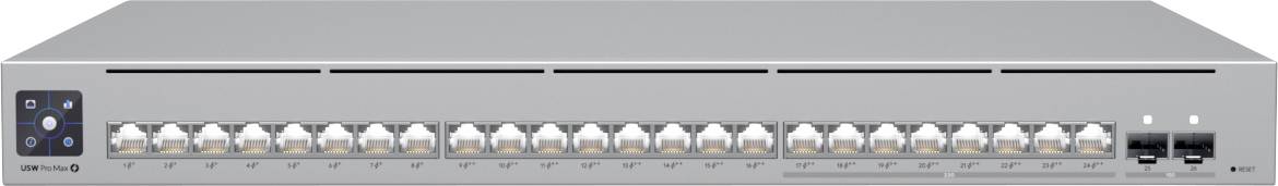Un commutateur réseau gris avec 24 ports Ethernet et deux ports à fibre optique, adapté aux connexions à haute vitesse dans une salle de serveurs.