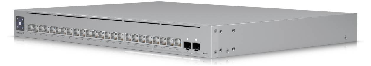 Commutateur réseau gris et plat doté de plusieurs ports Ethernet sur la façade. Adapté pour une utilisation dans les réseaux informatiques.