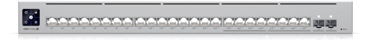 Un appareil réseau gris avec dix-huit ports Ethernet et deux connexions à fibre optique. Deux voyants LED sont situés sur le côté droit.