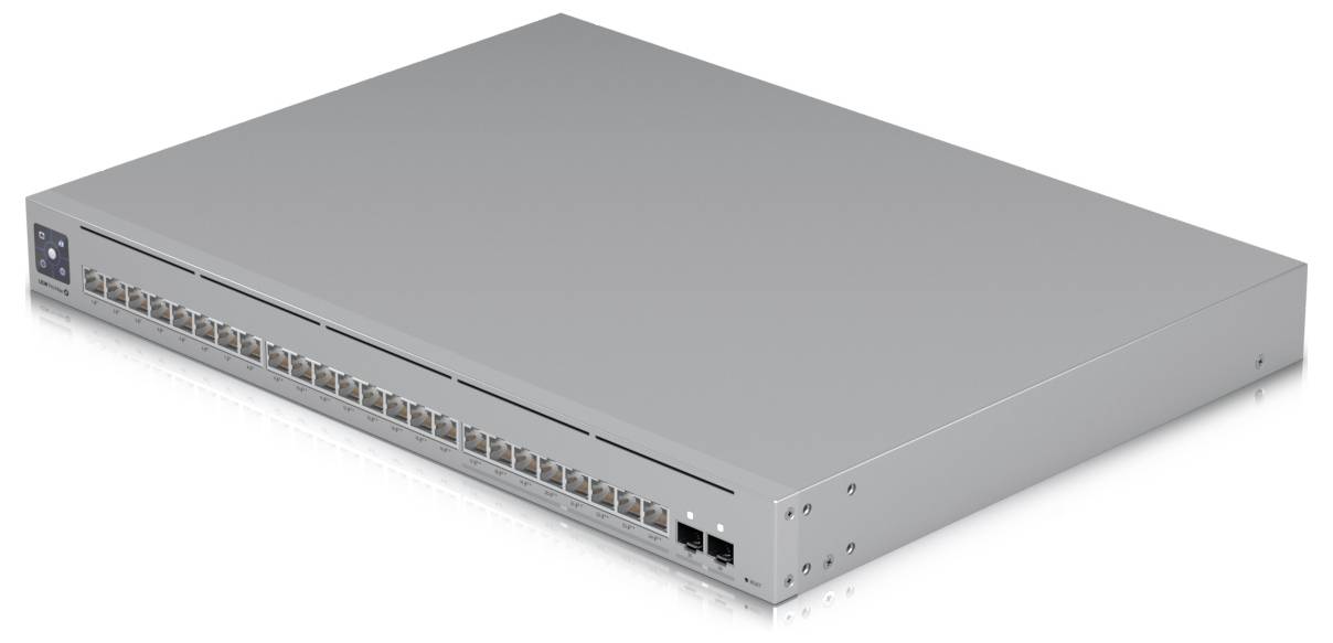 Switch réseau gris-argent avec 26 ports Ethernet et deux ports SFP sur le devant, adapté aux applications d'infrastructure informatique.