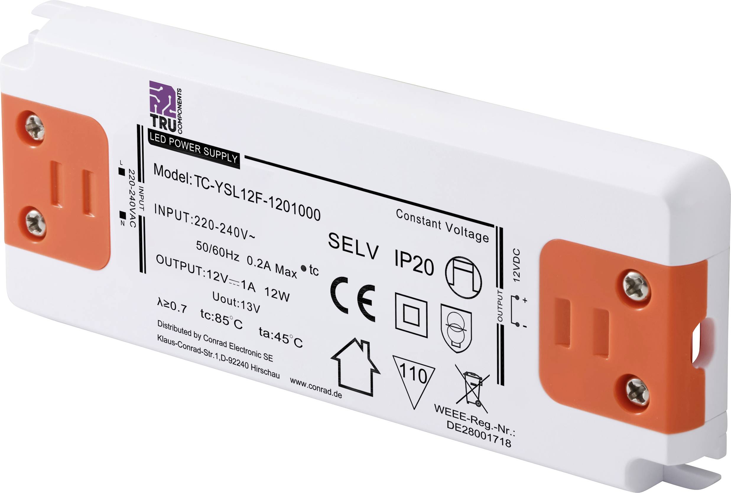 TRU COMPONENTS TC-YSL12F-1201000 Transformateur pour LED à tension constante 12 W 1.0 A 12 V/DC homologué pour les meubles