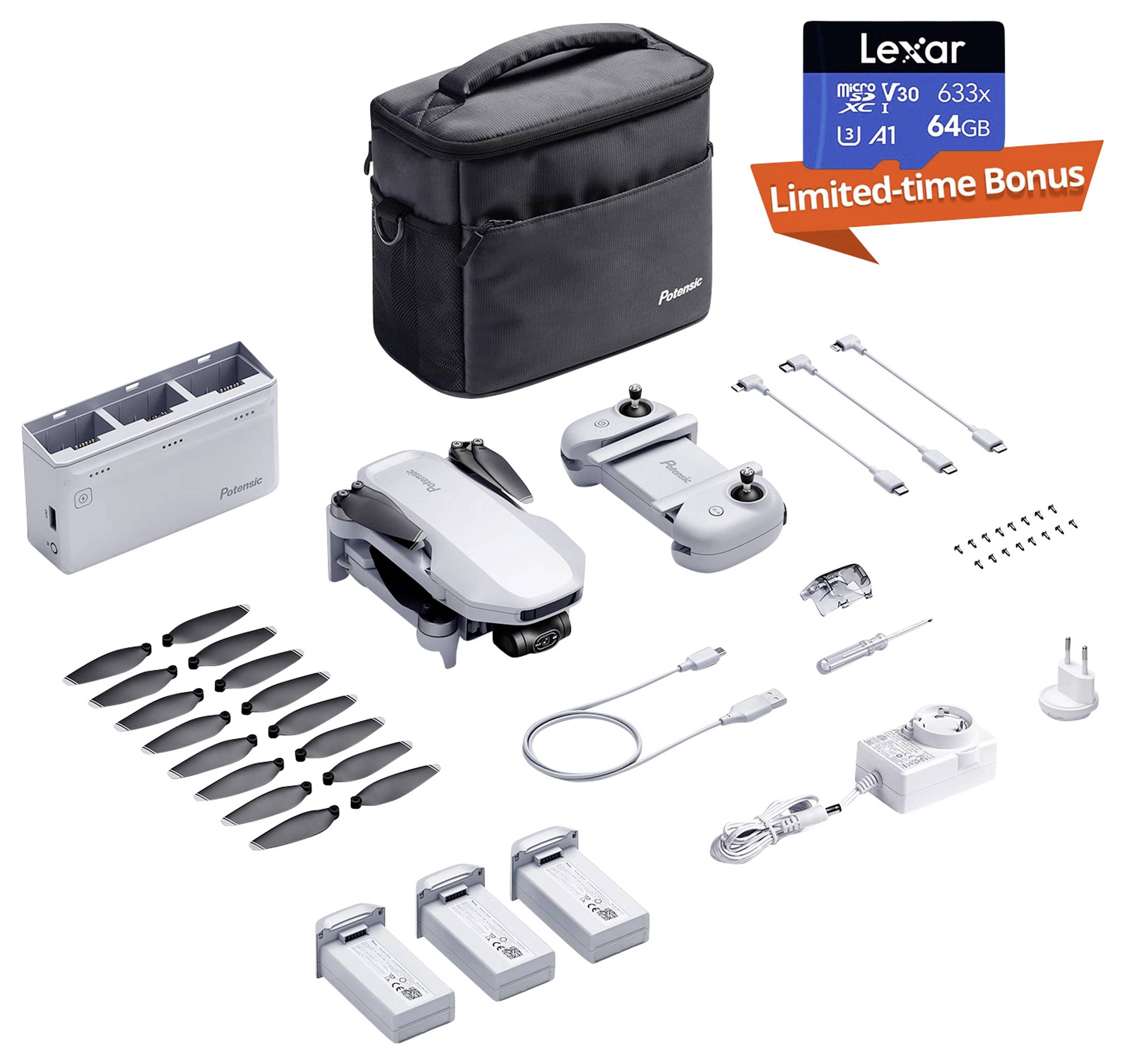 Ensemble de drone comprenant un drone, une télécommande, des hélices de rechange, un chargeur, des batteries, des câbles et un sac de transport. Carte mémoire supplémentaire de 64 Go incluse.