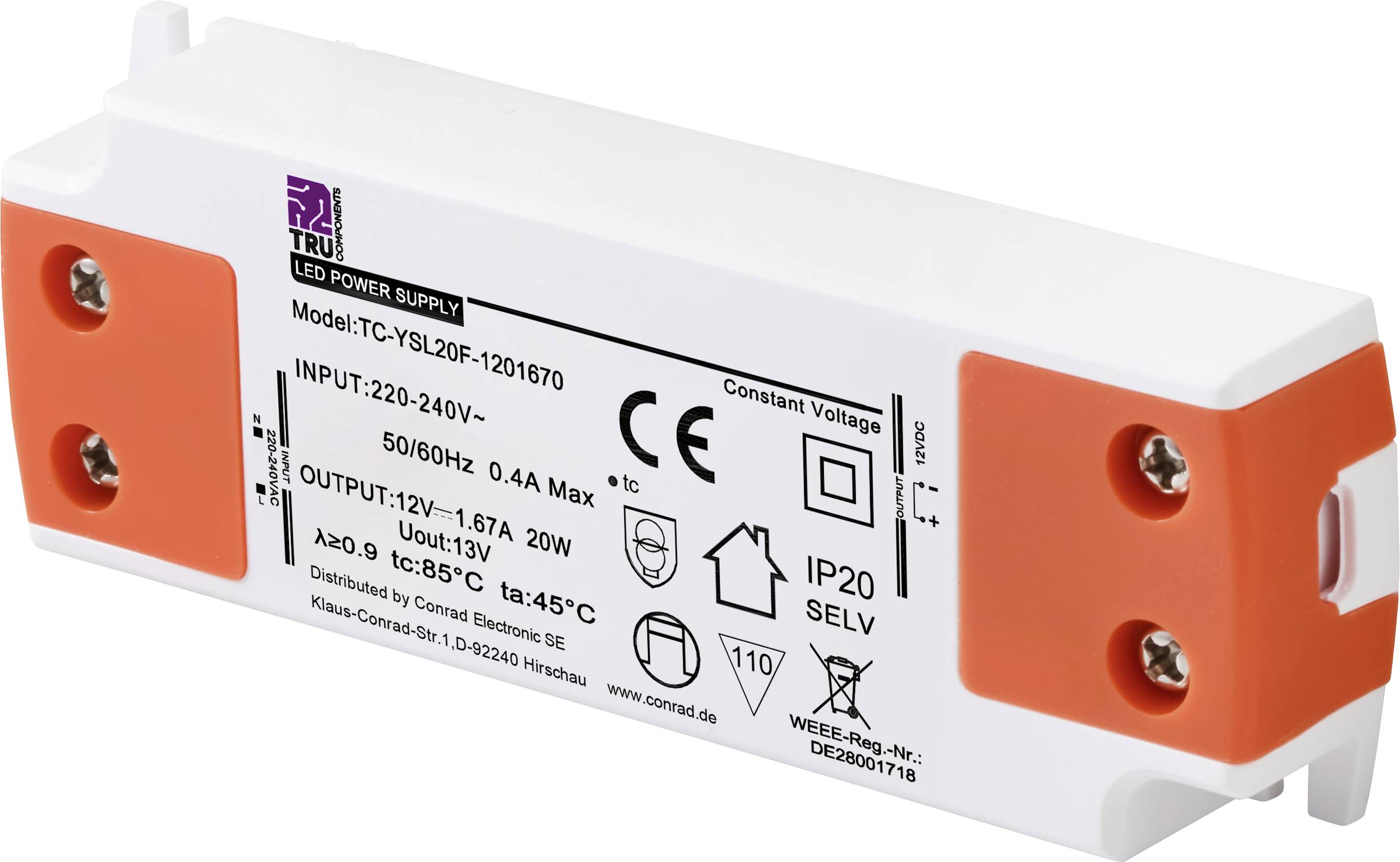 Un bloc d'alimentation blanc avec des extrémités orangées, montrant les spécifications techniques et les connexions pour les appareils électriques.