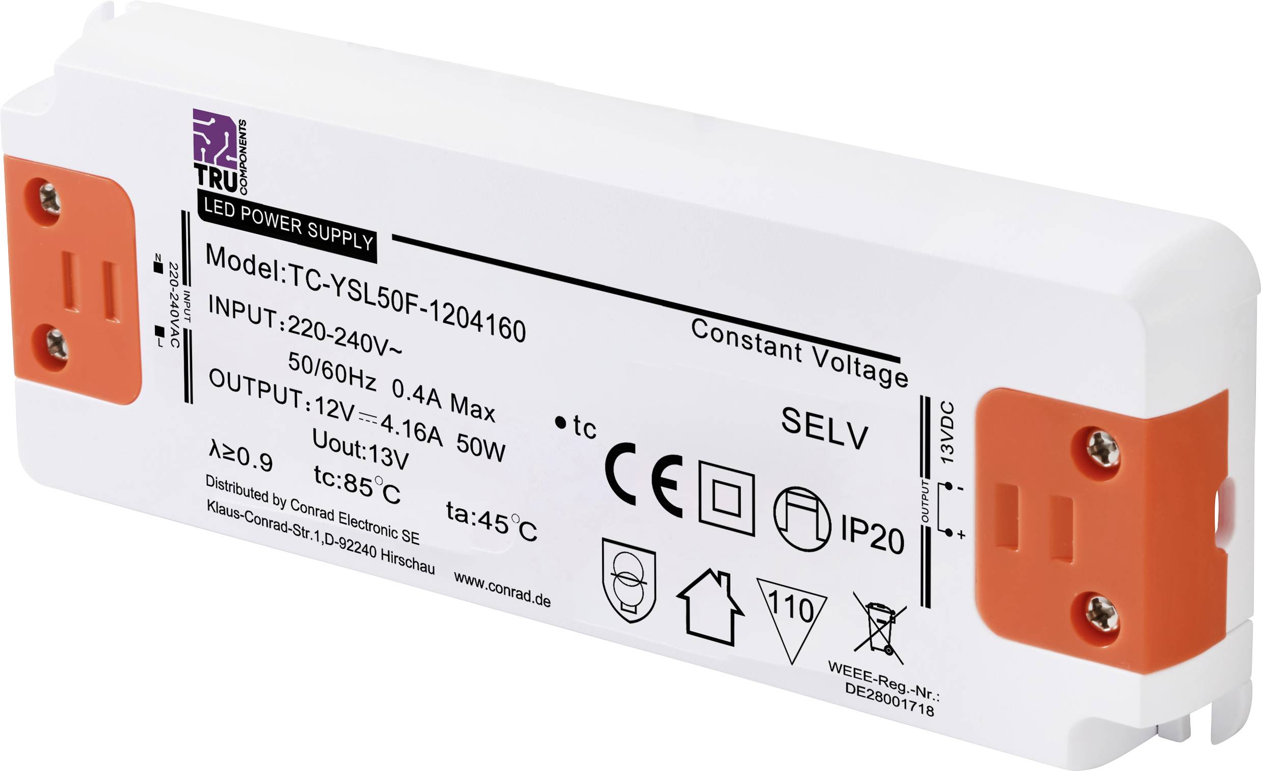 Boîtier d'alimentation LED avec spécifications techniques et symboles de sécurité. Modèle : TC-YSL50F-1204160, Entrée : 220-240V, Sortie : 12V, 50W.