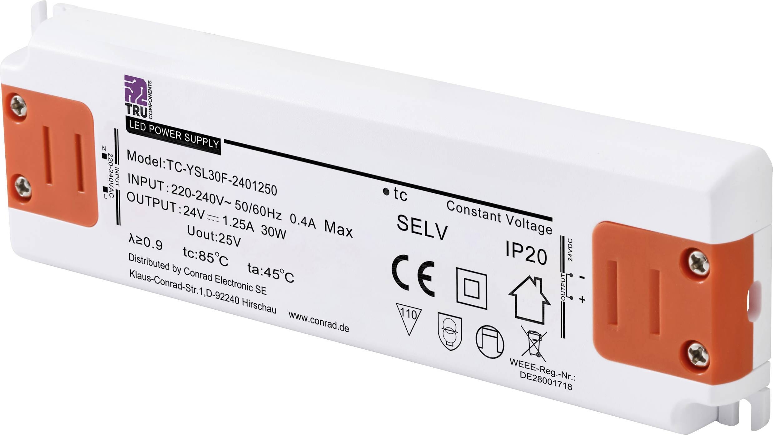 Alimentation pour éclairage LED, modèle TC-YSL30F-2401250. Entrée : 220-240V, 0,4A ; Sortie : 24V, 1,25A, 30W. Indice de protection IP20.