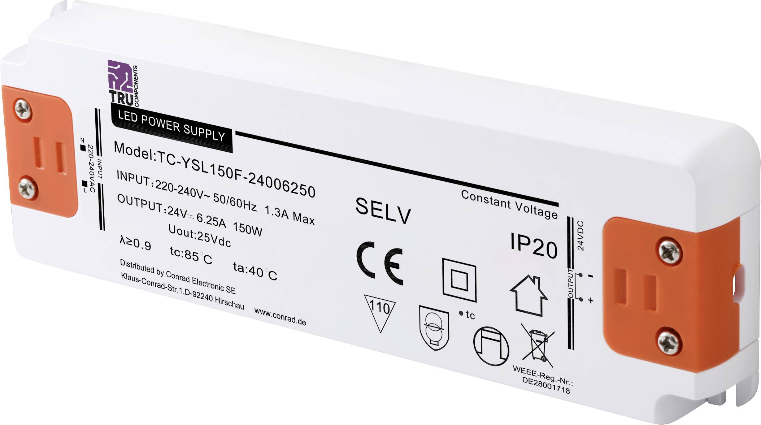 Alimentation LED, modèle TC-YSL150F-24006250, Entrée : 220-240V, Sortie : 24V, 6,25A, IP20, Tension constante, Classe II, Certifié CE.