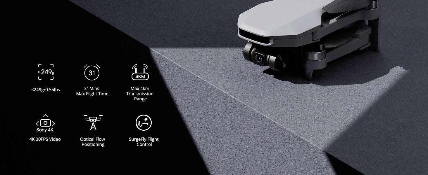 Un drone gris avec caméra sur un fond géométrique. À gauche se trouvent des symboles et des spécifications : moins de 249g, vidéo 4K, 31 min de temps de vol, portée de 10 km.