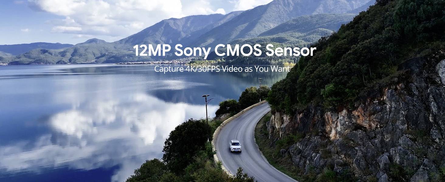 Rue de montagne entourée d'arbres et d'un lac. Inscription : '12MP Capteur Sony CMOS. Capturez des vidéos 4K/30 IPS comme vous le souhaitez'.