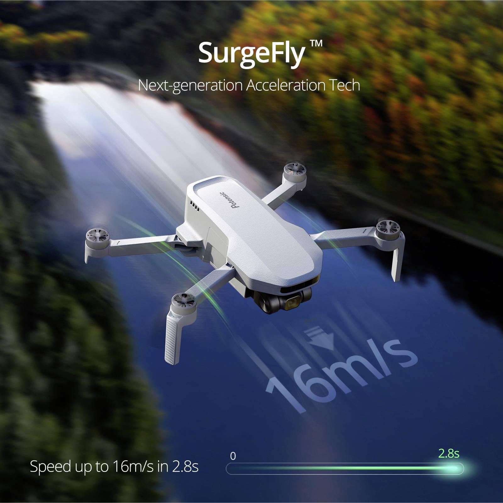 Drone volant au-dessus d'un paysage fluvial, promu comme le 'SurgeFly' pour la prochaine génération de technologie d'accélération, vitesse de 16 m/s en 2,8 secondes.
