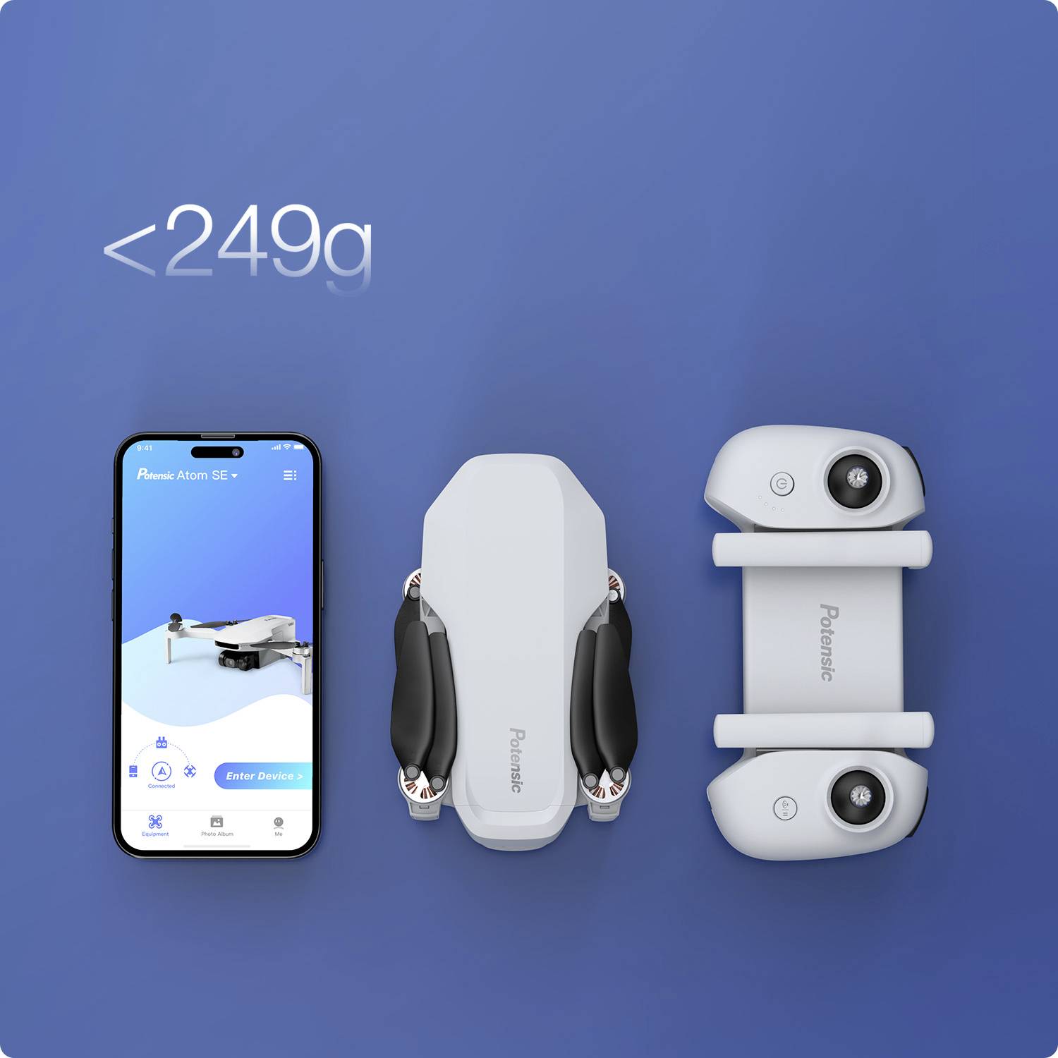 Un smartphone affiche une application de drone, à côté d'un drone compact et d'une télécommande. Texte : 'Moins de 249g'.