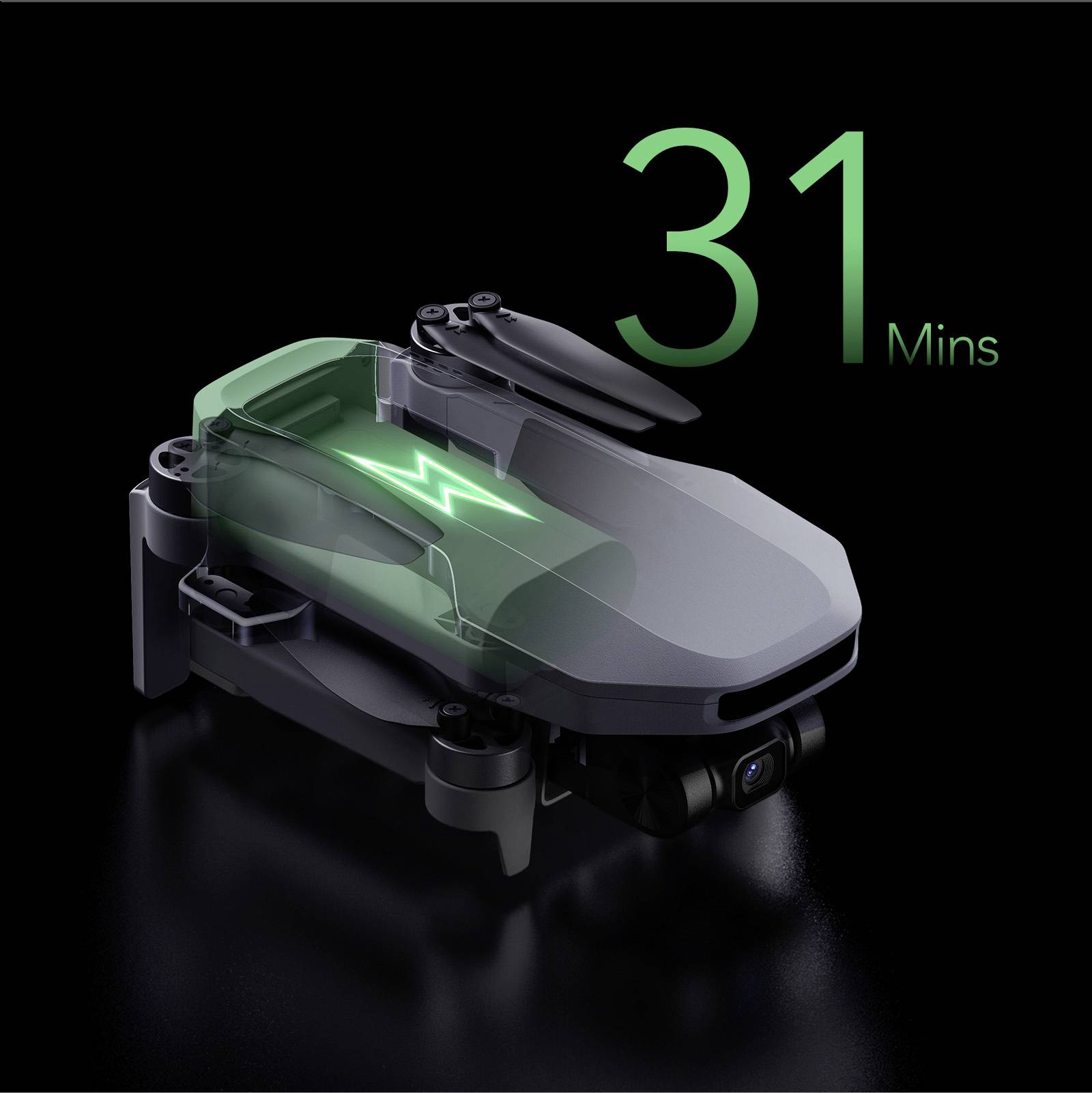 Un drone avec un boîtier transparent révèle ses composants internes, dont un symbole de batterie lumineux ; à côté est inscrit '31 Min'.
